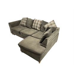 Corner sofa upholstered in grey fabric, with contrasting grey and checkered scatter cushions