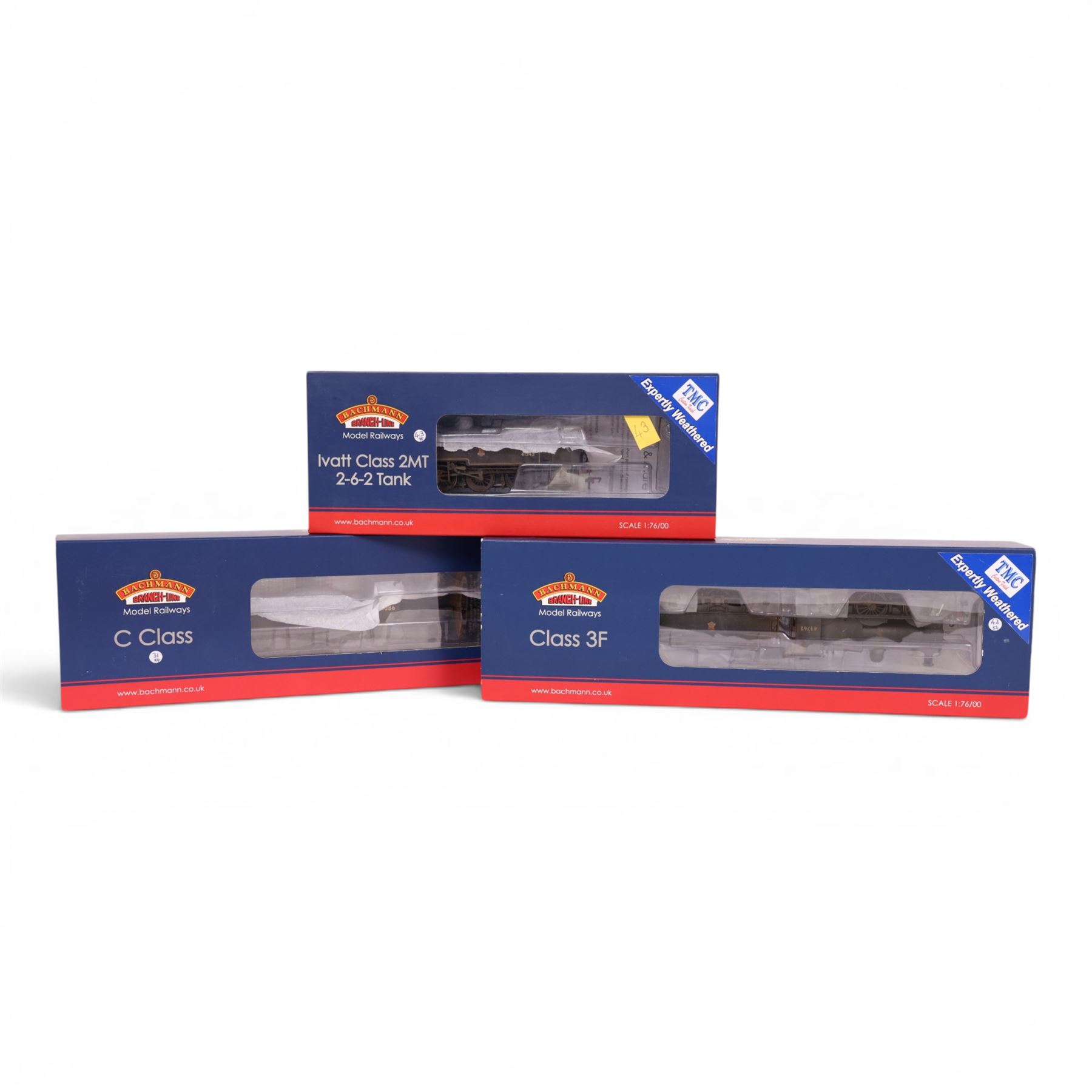 Three Bachmann 00 gauge weathered locomotives, comprising no. 31440 Ivatt 2-6-2 Tank locomotive no. 41243 in BR lined black, no. 31462 C Class locomotive no. 31086 and no. 31626 Class 3f locomotive no. 43762, all boxed