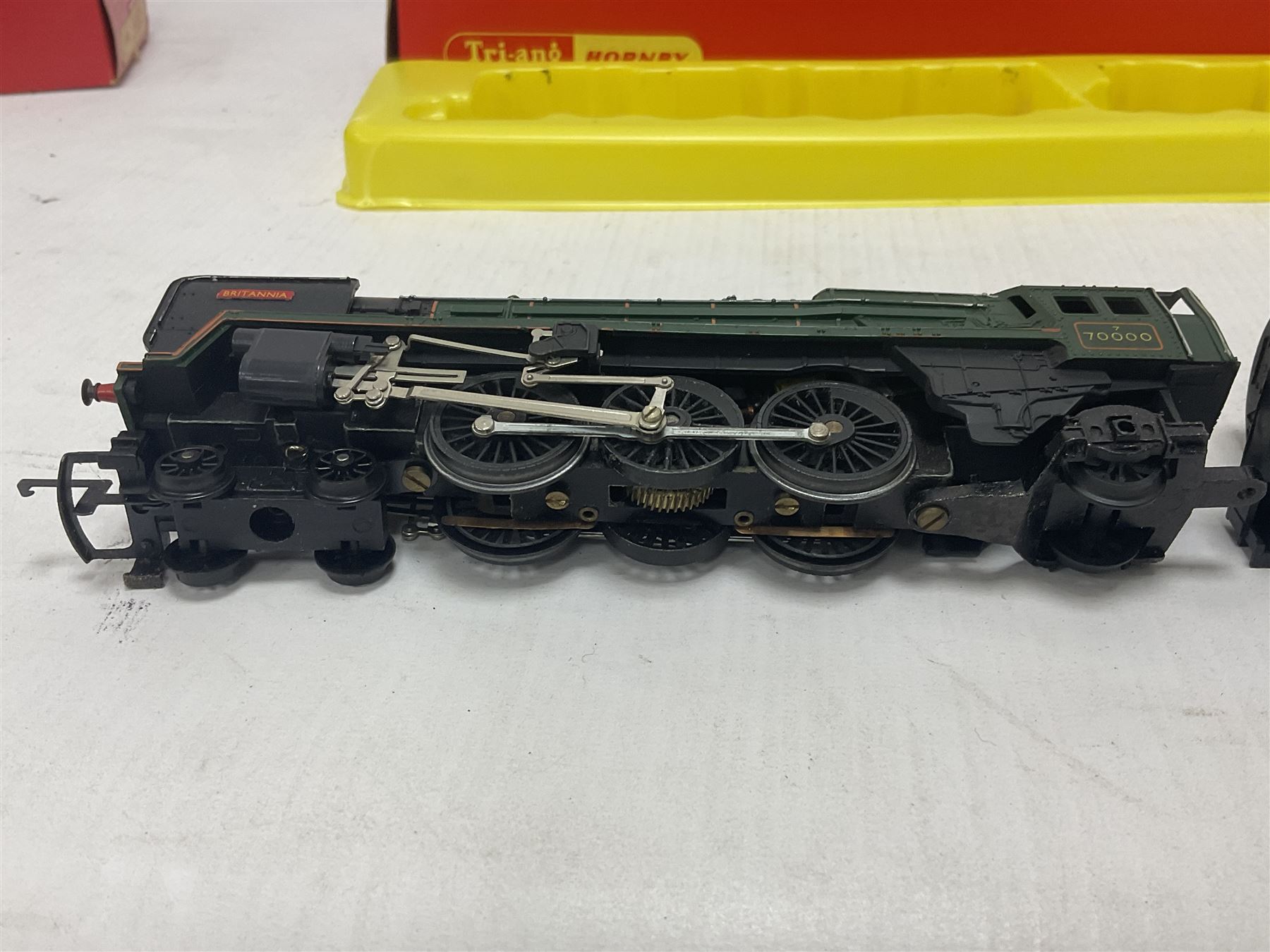 Hornby/Tri-Ang ‘00’ gauge - nine locomotives to include Britannia Class ‘Britannia’ 4-6-2 no.70000 in BR green; Class M7 4-4-0 Tank no.30027 in BR black; Princess Class ‘Princess Victoria’ 4-6-2 no.46205 in BR black; in original boxes; further loose models Princess Class ‘Princess Elizabeth’ 4-6-2 no.46201 in BR green; Class 3F 0-6-0 tank no.7606 in LMS crimson; TR double ended diesel locomotive; three further tank locomotives and one loose tender (10) 