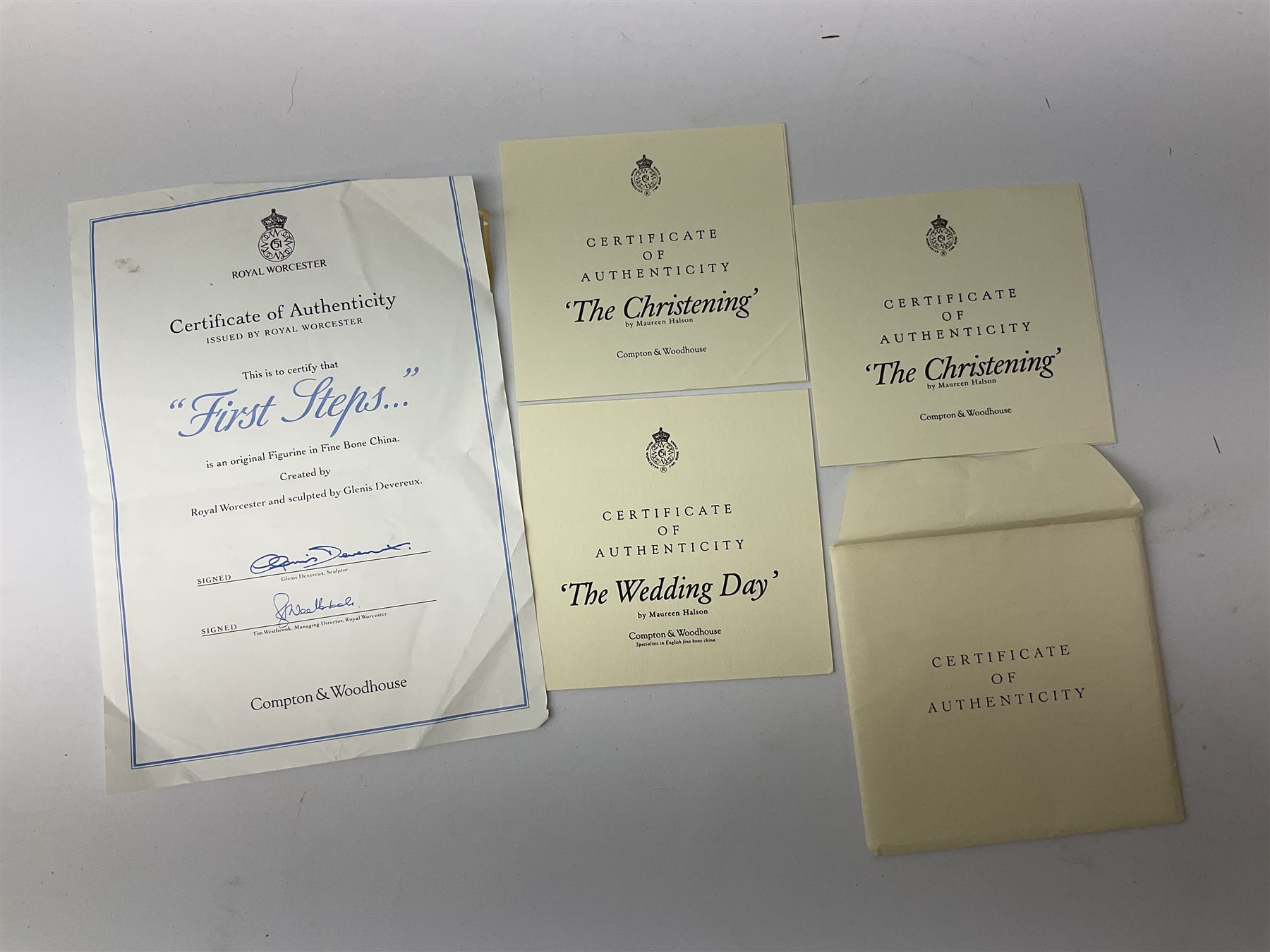 Six Royal Worcester figures, comprising The Wedding Day, New Arrival, The Christening, First Steps, Once Upon a Time and Sweet Dreams, all with printed marks beneath 