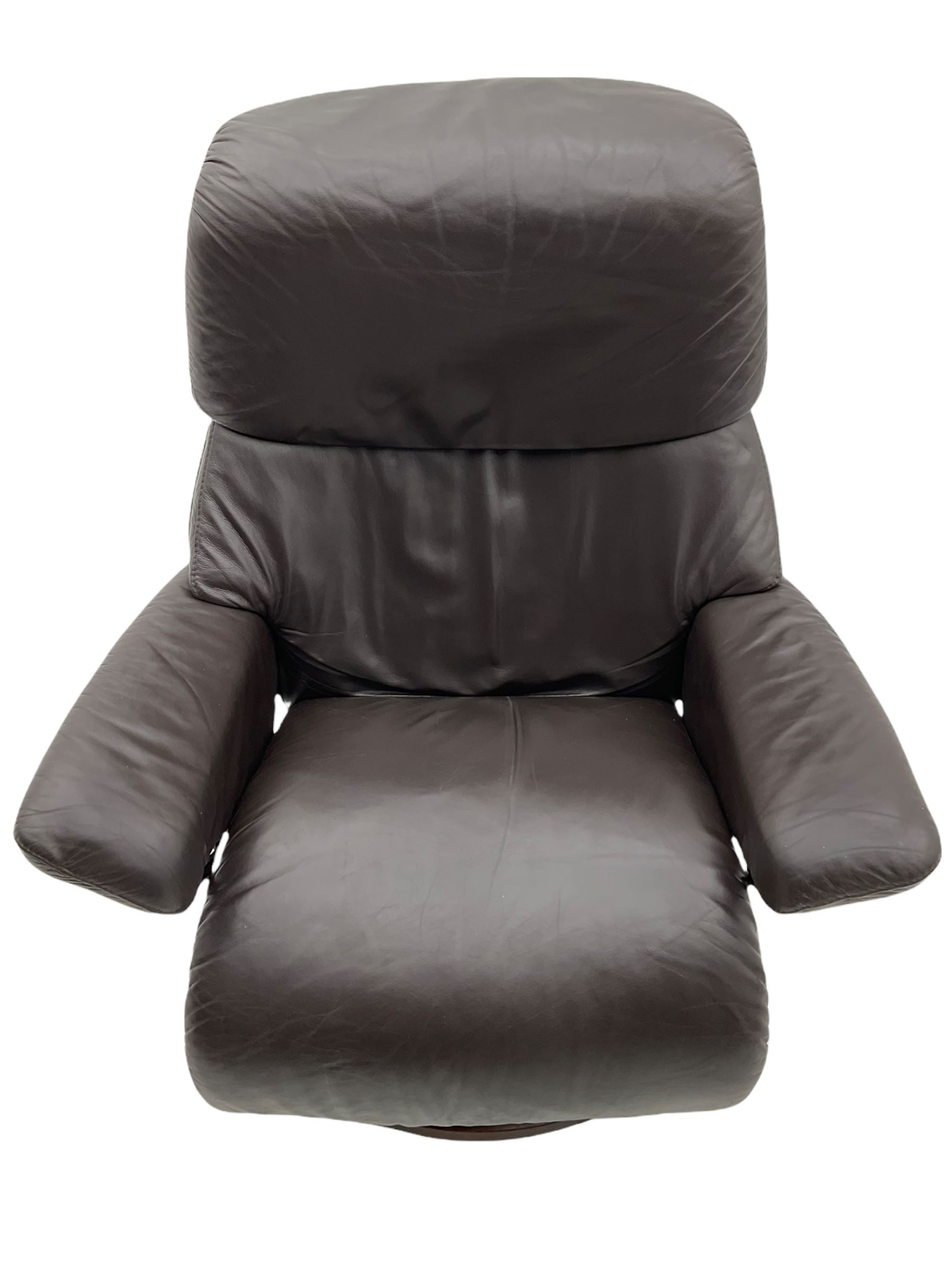 Ekornes Stressless - swivel reclining armchair with adjustable headrest, upholstered in cocoa brown leather, with matching footstool