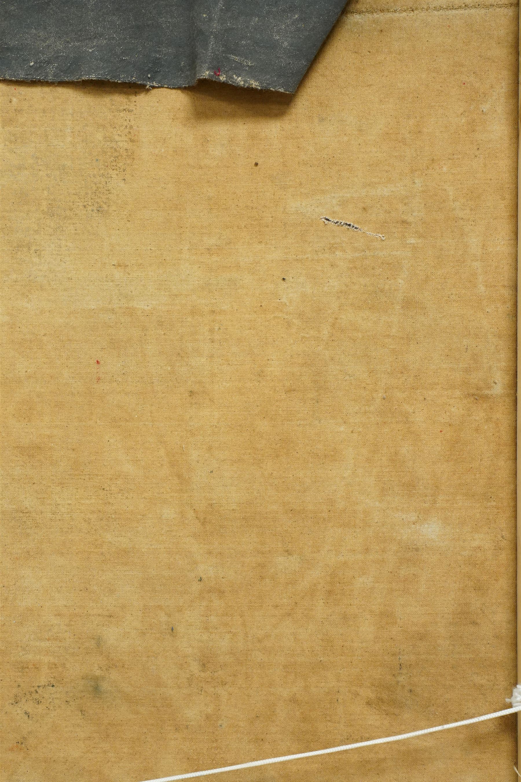 Large and impressive Chinese ancestral portrait, late Qing dynasty, gouache on stitched canvas with gilded highlights, showing thirty-eight sitters across four registers, the principal ancestors depicted before an altar table holding various ritual items, each in official dress and many wearing Golden Pheasant (Second-rank) and Silver Pheasant (Fifth-rank) Mandarin squares or 'buzi', overall 190cm x 131cm 