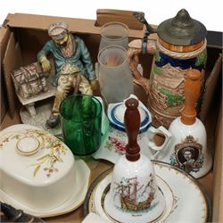 Lomonosov Russia Porcelain Wine Decanter in Red Firebird pattern, Staffordshire ironstone planter, meat plate, Leonardos figures and other mixed ceramics and smalls, contents between four boxes