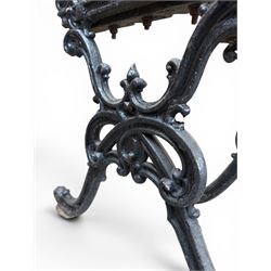 Carron Foundry - two pairs of 19th century cast iron garden bench ends, ornate detail with arms and X shaped legs,finish in black paint, the design no. 110396, first registered 13 July 1857 (see illustration), width as desired