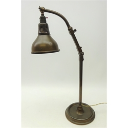  Art Deco period 'Rest Light' industrial copper finish desk lamp, c1929, with adjustable goose neck stem on circular base, the shade fitted with a blue mottled glass lens, stamped to shade, H69cm   