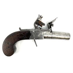 Late 18th century flintlock pocket pistol signed H. Nock London with 4cm turn-off barrel and drop down trigger, engraved lock plates, thumb safety and walnut bag stock L16cm overall