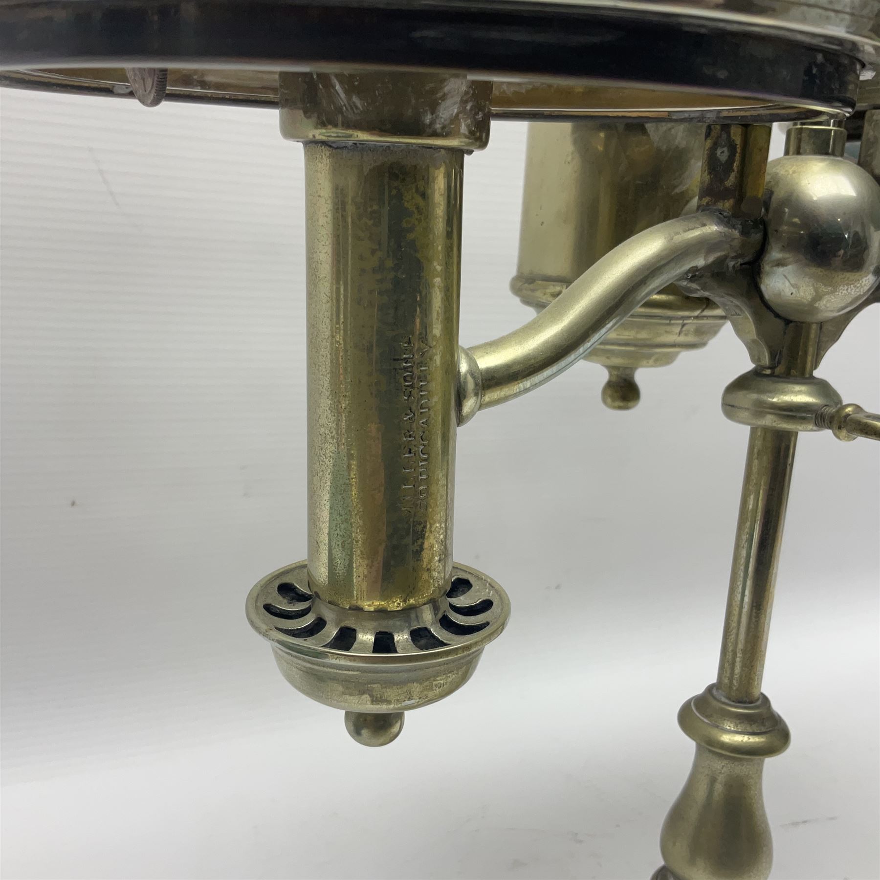 Miller & Sons Piccadilly polished brass double adjustable student's oil lamp, with green glass shades, H52cm