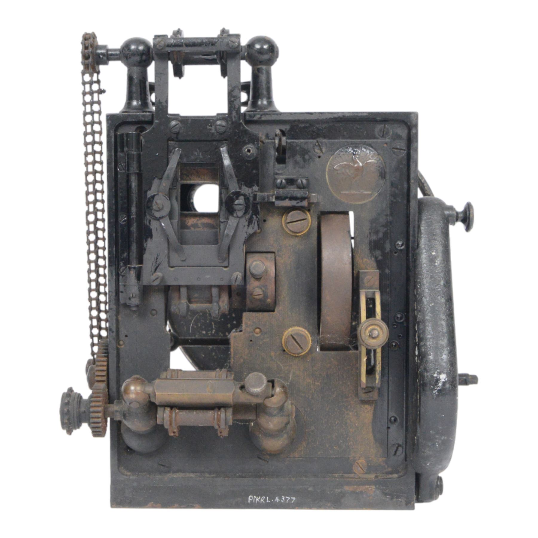 Early 20th century French cine film projector, impressed plate verso 'Pathe Freres Becker 23976', with geared mechanism, all mounted on a heavy black lacquered cast iron frame, H30cm