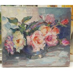 Monique Godaert-Jacquart (Belgian Conemporary): Abstract, oil on canvas signed and dated '92, together with two still life oils on canvas, max 64cm x 47cm (3)