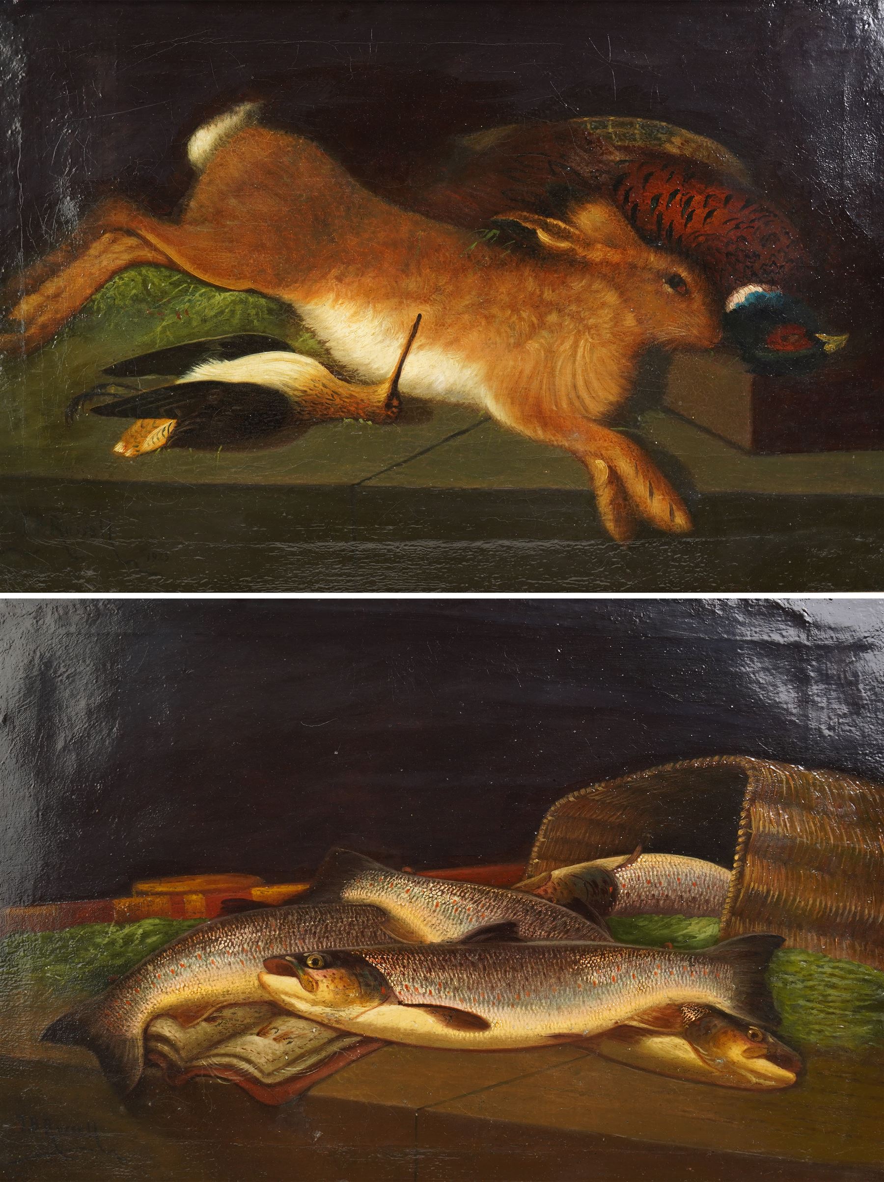 James B Russell (Scottish 1867-1956): Still Life of 'A Good Basket of Spey Trout' and 'Hare Pheasant and Snipe', pair oils on canvas signed, the latter dated 1923, titled verso 39cm x 59cm (2)
Notes: James B Russell was the son of the artist John Bucknell Russell (Scottish 1820-1893), both painted under the signature J.B. Russell, with similar styles and subject matters; as a result the two are often confused. 