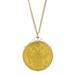 Austrian 1915 restrike four ducat gold coin, in 9ct gold loose mount, on 9ct gold chain, gross weight approximately 25.3 grams