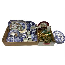 Quantity of blue and white ceramics to include Spode Italian pattern, together with red, blue and green Bohemian glasses decorated with gilt and flowers together with two decanters