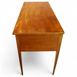 George III inlaid mahogany side table, rectangular top over three cockbeaded drawers with oval brass backplates and handles, on square tapering supports