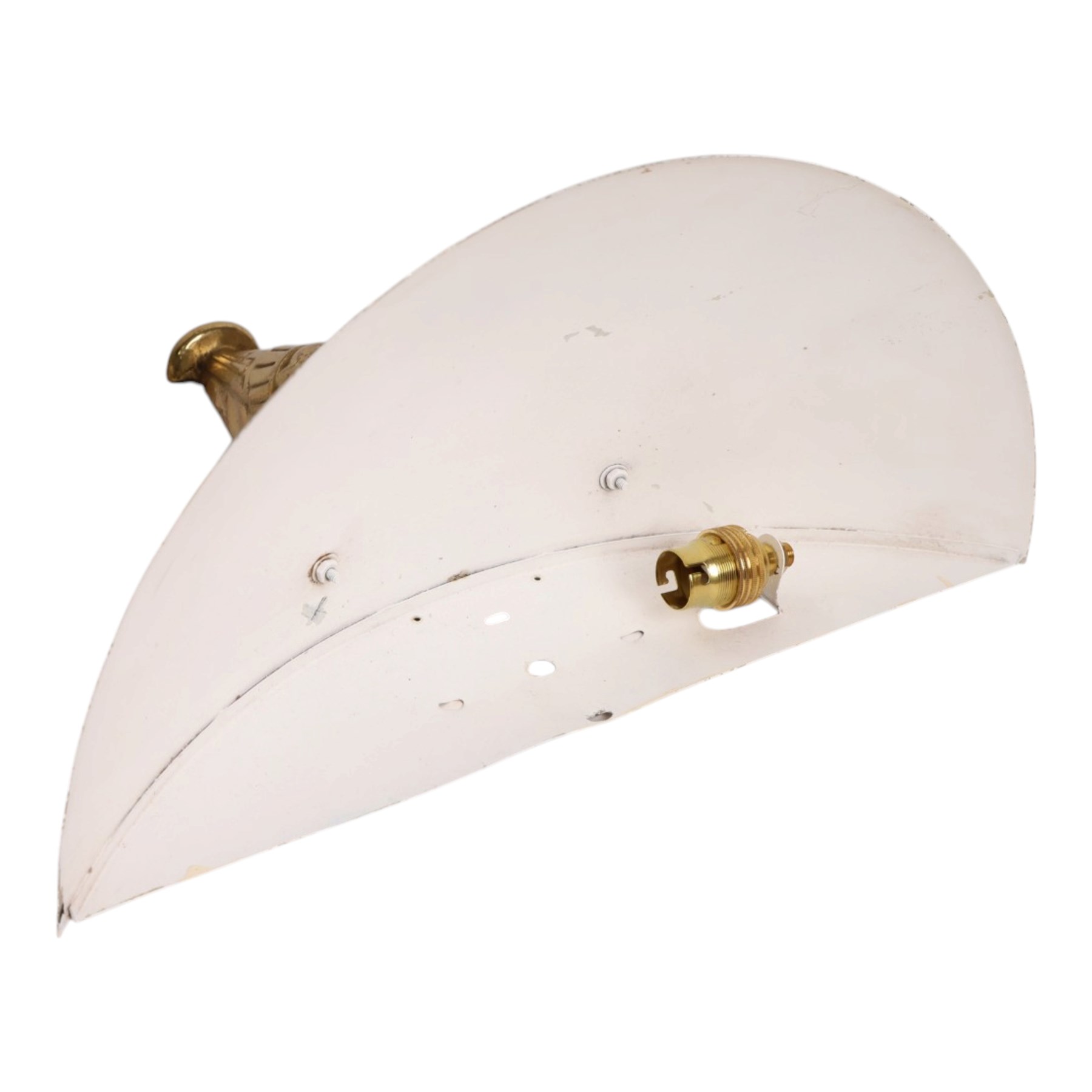 Pair of Art Deco gilt-brass wall lights, circa 1930, each modelled as a stylised female figure with outstretched drapery supporting a demi-lune mirrored reflector, H35cm