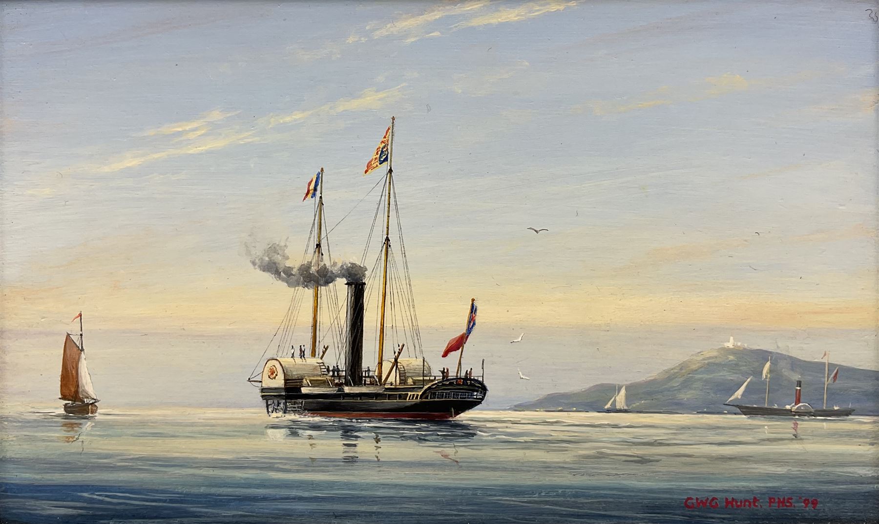 Geoff Hunt RMS (British 1948-): 'Victoria and Albert I Leaving Carrick Roads on 8th September 1845, on a Royal Visit to France', oil on board signed and dated '99, titled verso 9cm x 14.5cm