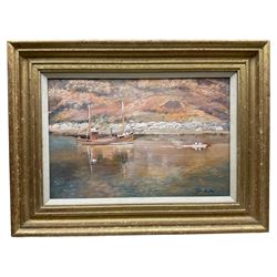 John Heseltine (British 1923-2016): Boat at Anchor in Sunny Bay, oil on canvas signed 29cm x 44cm