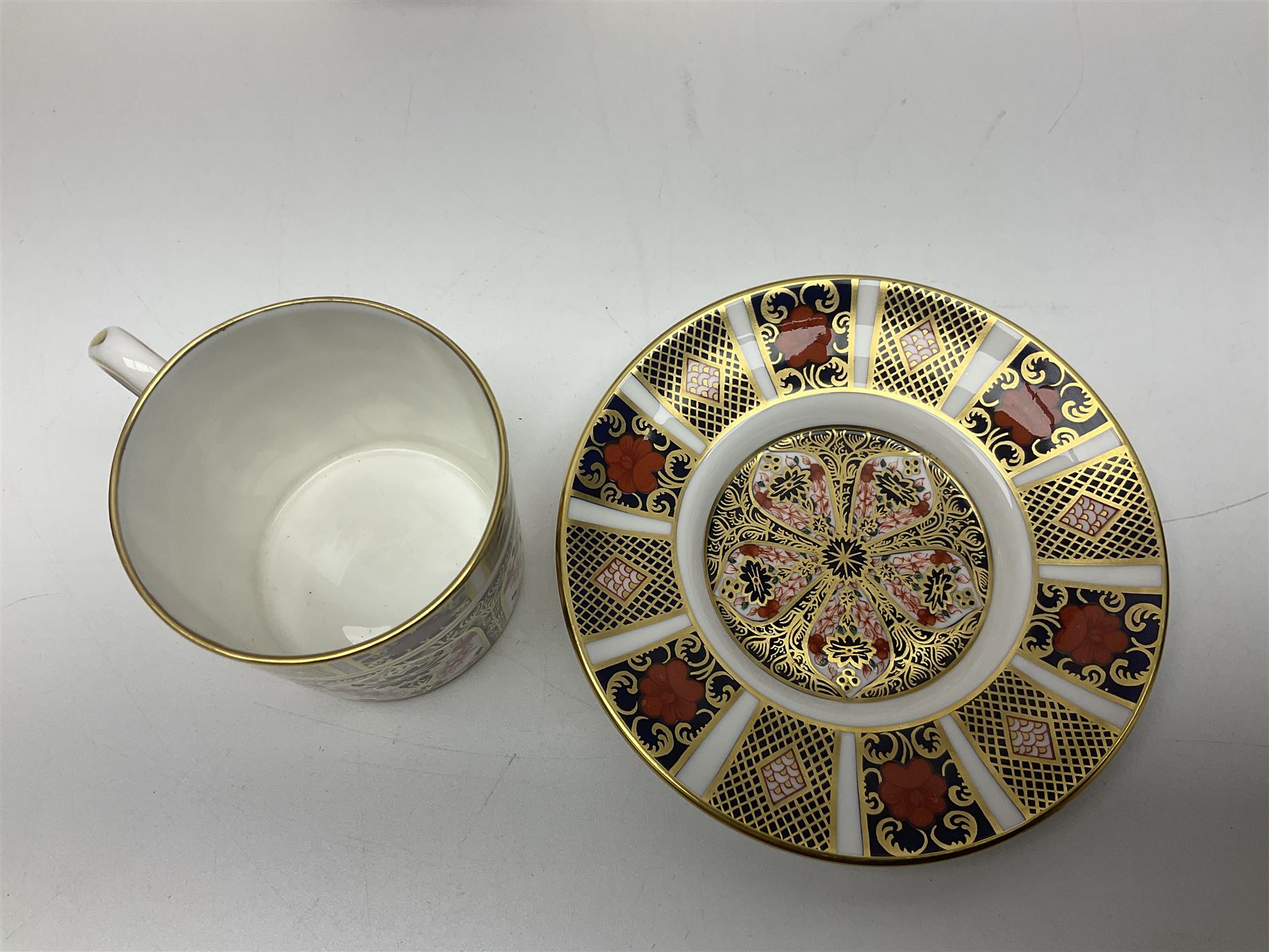 Royal Crown Derby Old Imari pattern miniature vase, coffee can and saucer, teacup and saucer and plate, all with printed mark beneath, vase H8cm 