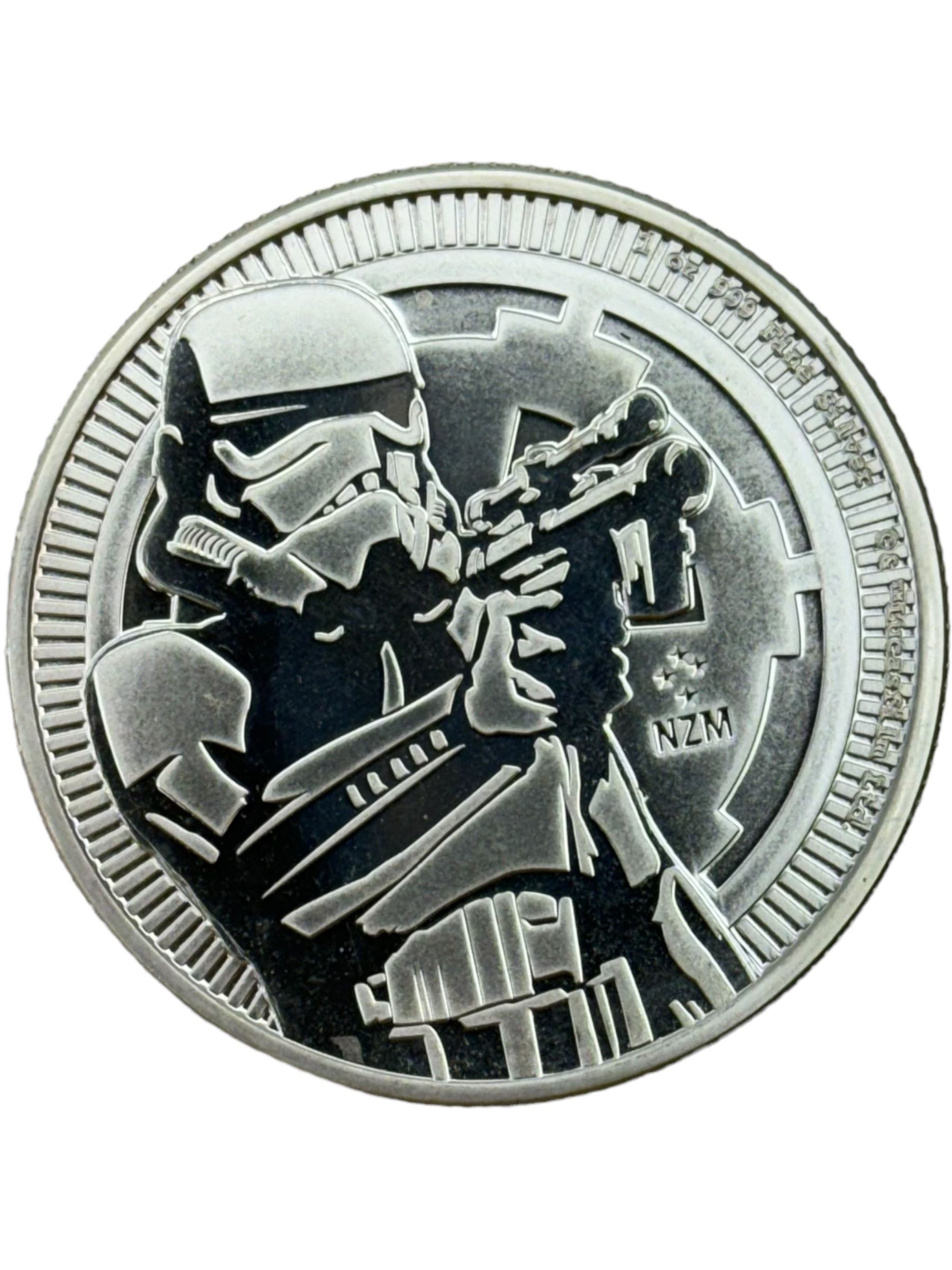 Five Queen Elizabeth II Niue one ounce fine silver two dollars coins dated 2016 'Turtle', 2017 'Panda', 2017 'Darth Vader', 2018 'Stormtrooper', 2019 'Clone trooper' and two Fiji one ounce fine silver one dollar coins dated 2015 'Iguana', 2016 'Iguana' (7)