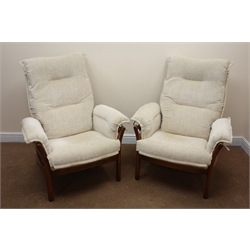  Pair Ercol Savillie armchairs in Golden Dawn elm finish, upholstered in a neutral fabric, W82cm  