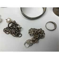 Silver jewellery, including two bangles, collar necklace, two bracelets with heart padlock clasps, earrings, ring, etc together with beaded and costume jewellery