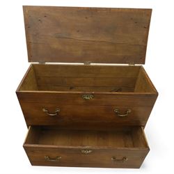 18th century style oak mule chest, the hinged rectangular top opening to a plain interior, above a lower section fitted with two long drawers with brass swan neck handles and shaped escutcheons, upon shaped bracket feet