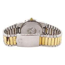 Omega Seamaster gentleman's quartz wristwatch, backcase No. 1345, champagne dial with baton hour markers and day / date aperture, boxed with papers