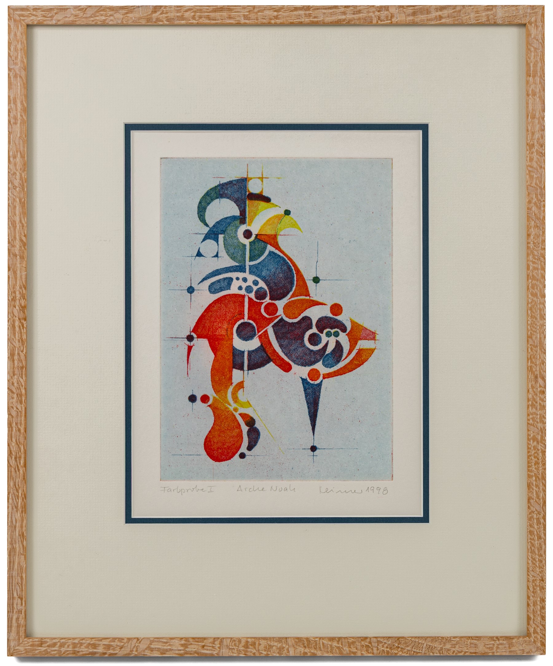 Hans-Joachim 'Jockel' Reisner (German 1938-2023): 'Arche Noah' and Geometric Abstract, pair of coloured etchings signed and dated 1998 and 2003, one titled in pencil 22cm x 15.5cm (2)
Notes: Reisner is best known for creating the Bradford City Fire Memorial in 1986. His style of printmaking is characterised by geometric lines and shapes, influenced by his degree in engineering.