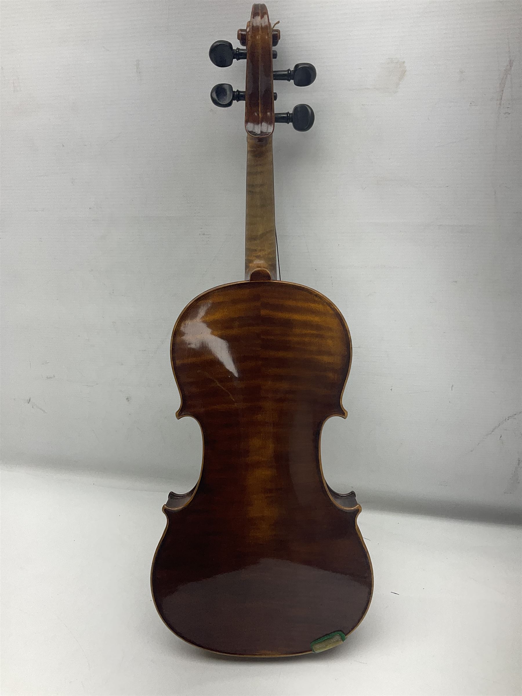 German trade violin c1900 with 35.5cm two-piece maple back and spruce top; bears label 'Made in Germany Apollo Class 6 No.2132' L59cm; in carrying case with two bows
