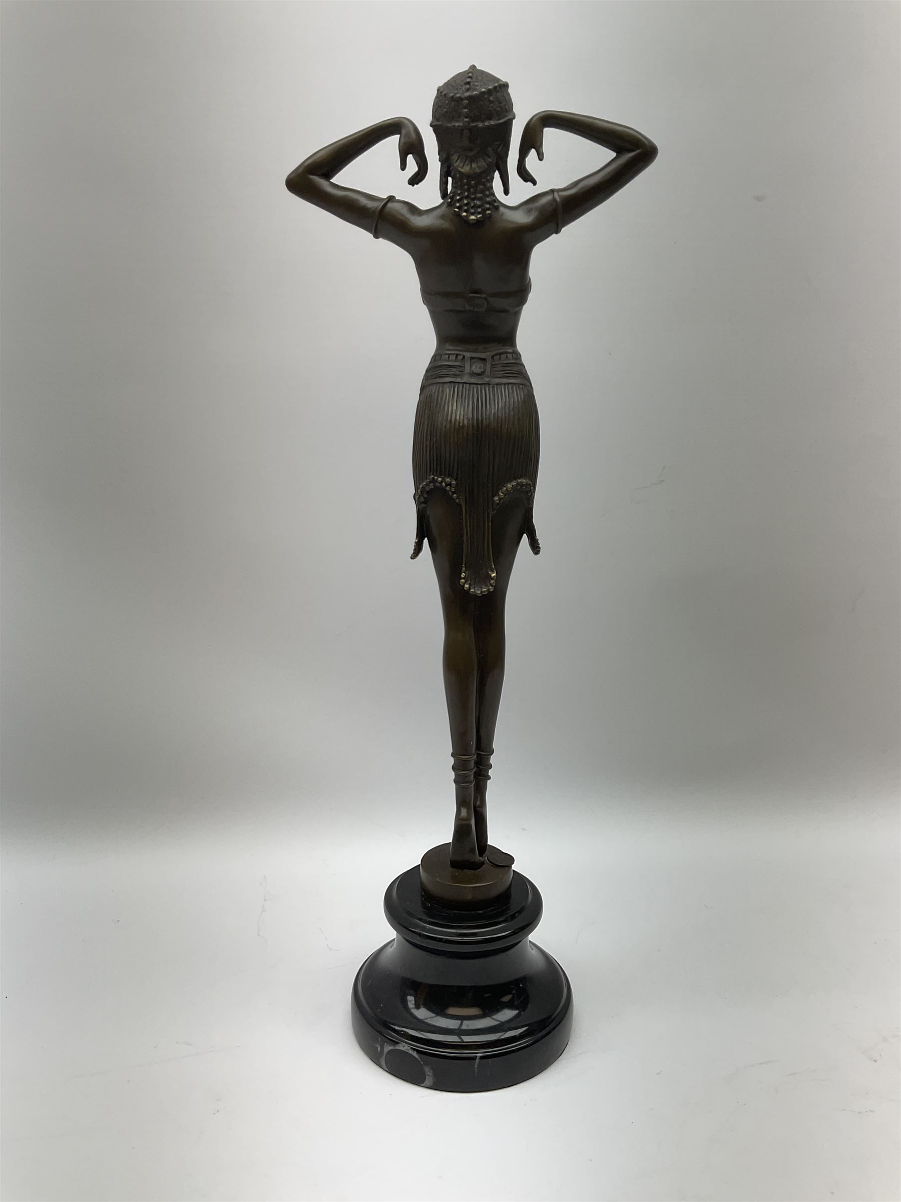 Art Deco style bronze figure of a dancer, after 'Berrard', raised upon a circular base, with foundry mark, H49cm