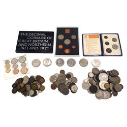 Mostly Great British coins including two Queen Elizabeth II five pounds, 1971 coin set with card outer sleeve, 1953 nine coin set in blister pack, pre-decimal coinage etc