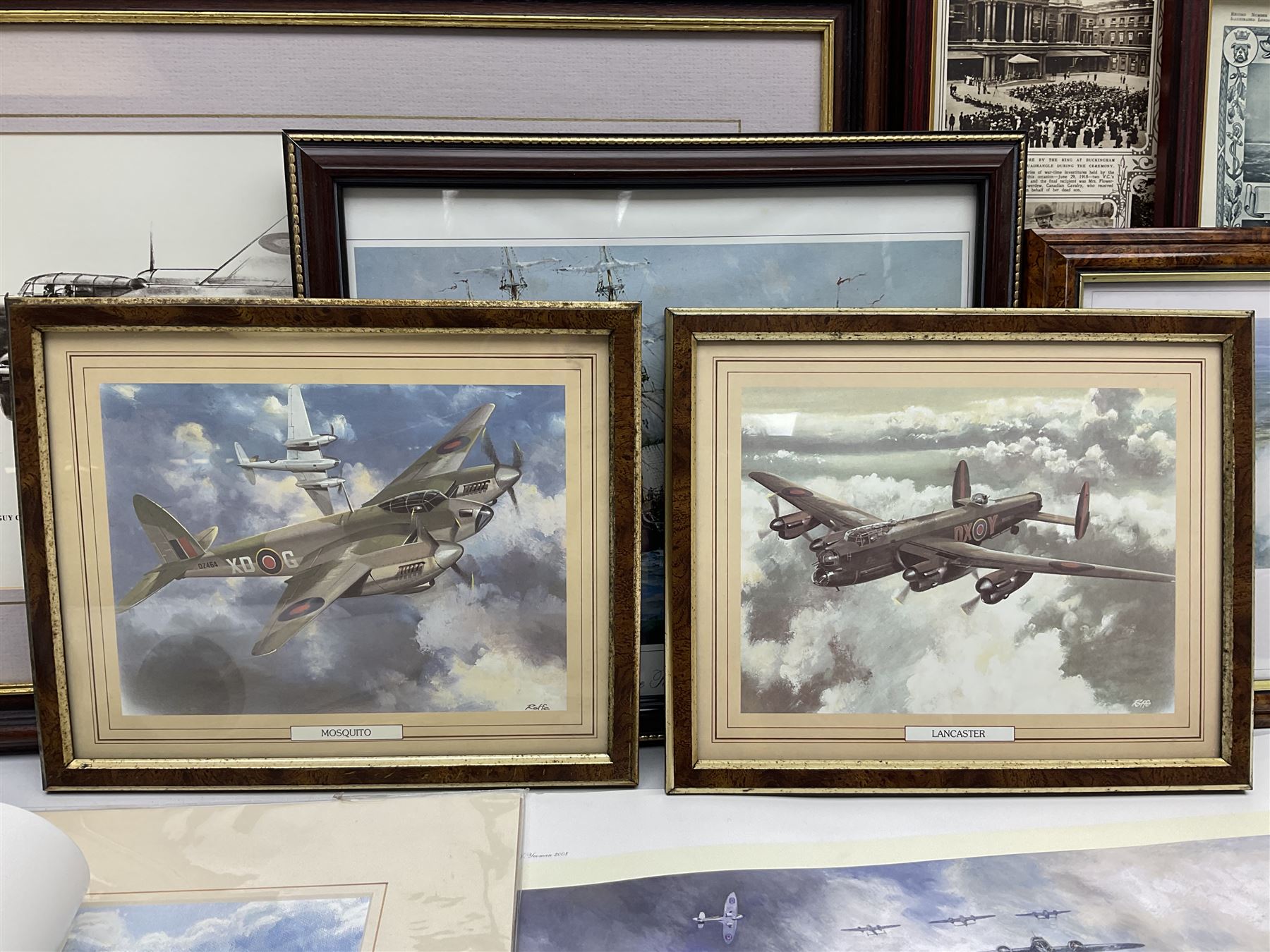 Collection of twenty-one unframed and seven framed prints of predominantly aviation interest after David Pritchard, Brian Petch, Stephen Teasdale, Barry Price, Coulson, Wardle etc; depicting Spitfires, Hurricanes etc; some limited editions with certificates and many bearing multiple signatures on the mount