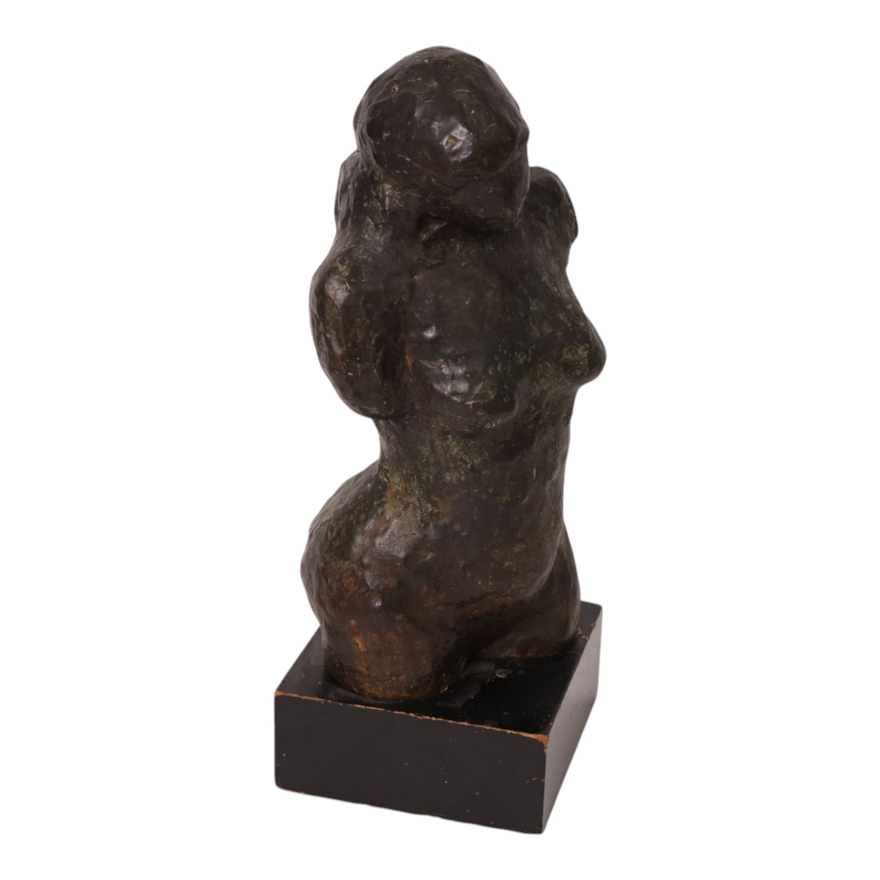 Bronzed sculpture modelled as a female torso, upon a square plinth, H39cm 