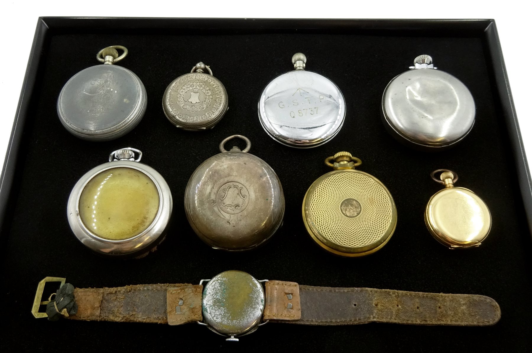 Two military top wind pocket watch's, back case's stamped G.S.T.P 08737 and GS T 076468, silver pocket watch by J.G. Graves Sheffield, ladies Waltham gold-plated pocket watch, Ingersoll pocket watches etc