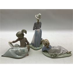 Three Lladro figures, comprising A Lesson Shared, no 5475, My Puppies, no 5807, and Playful Friends, no 5609, all with original boxes, largest example H22cm