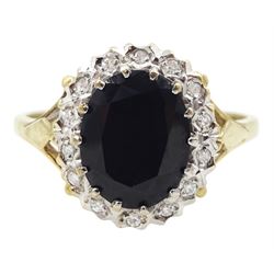 9ct gold oval cut sapphire and diamond cluster ring, hallmarked