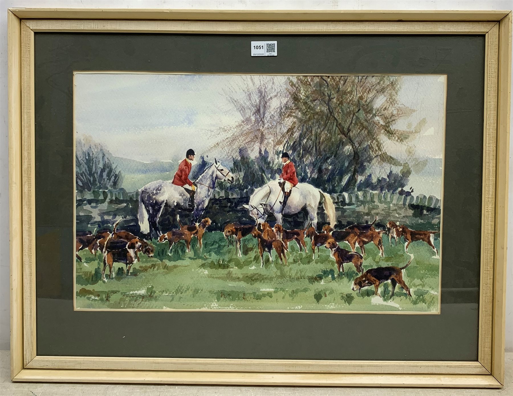 Wendy Knapton (British 20th century): The Hunt pausing by a Stone Wall, watercolour signed and dated '74, 35cm x 54cm