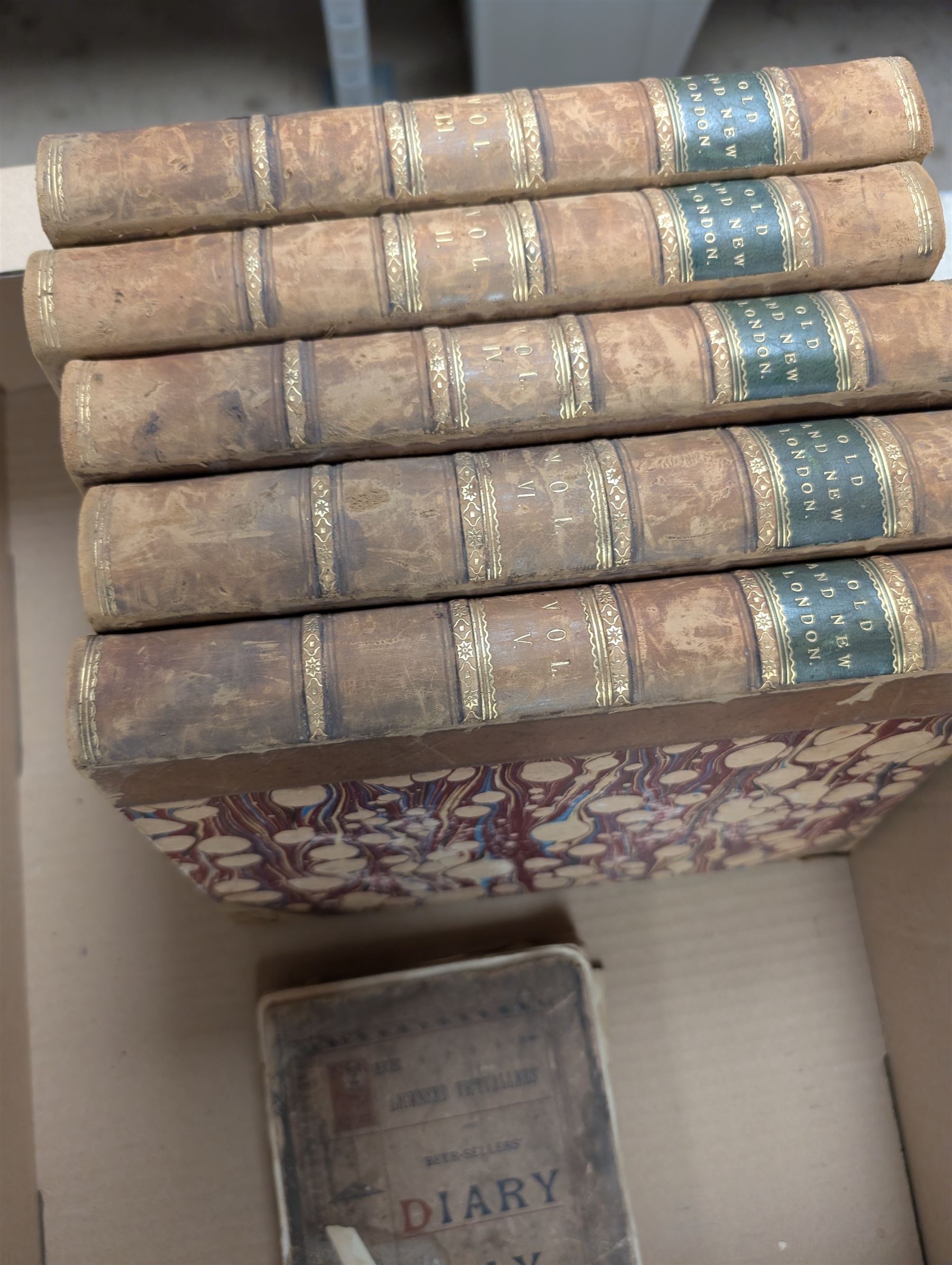 Album of black and white Yorkshire postcards, including scenes of Malton and Thornton le Dale, together with five volumes of Old & New London, John Smith The Brewery Licensed Victuallers and Beer Sellers Diary Day Book and a 19th century needlework