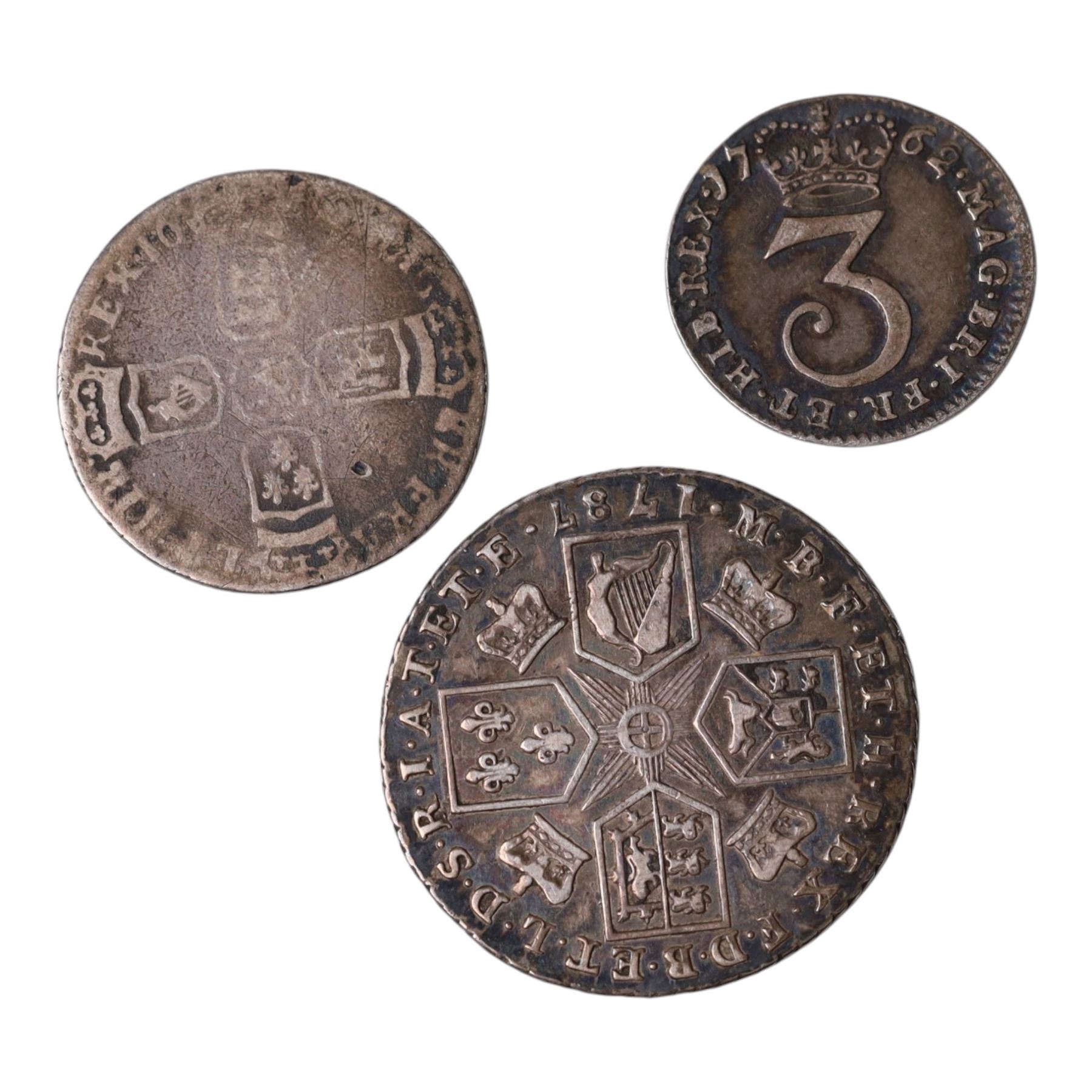 George III 1787 silver one shilling coin, William III silver sixpence (date rubbed), and George III 1762 silver threepence (3)