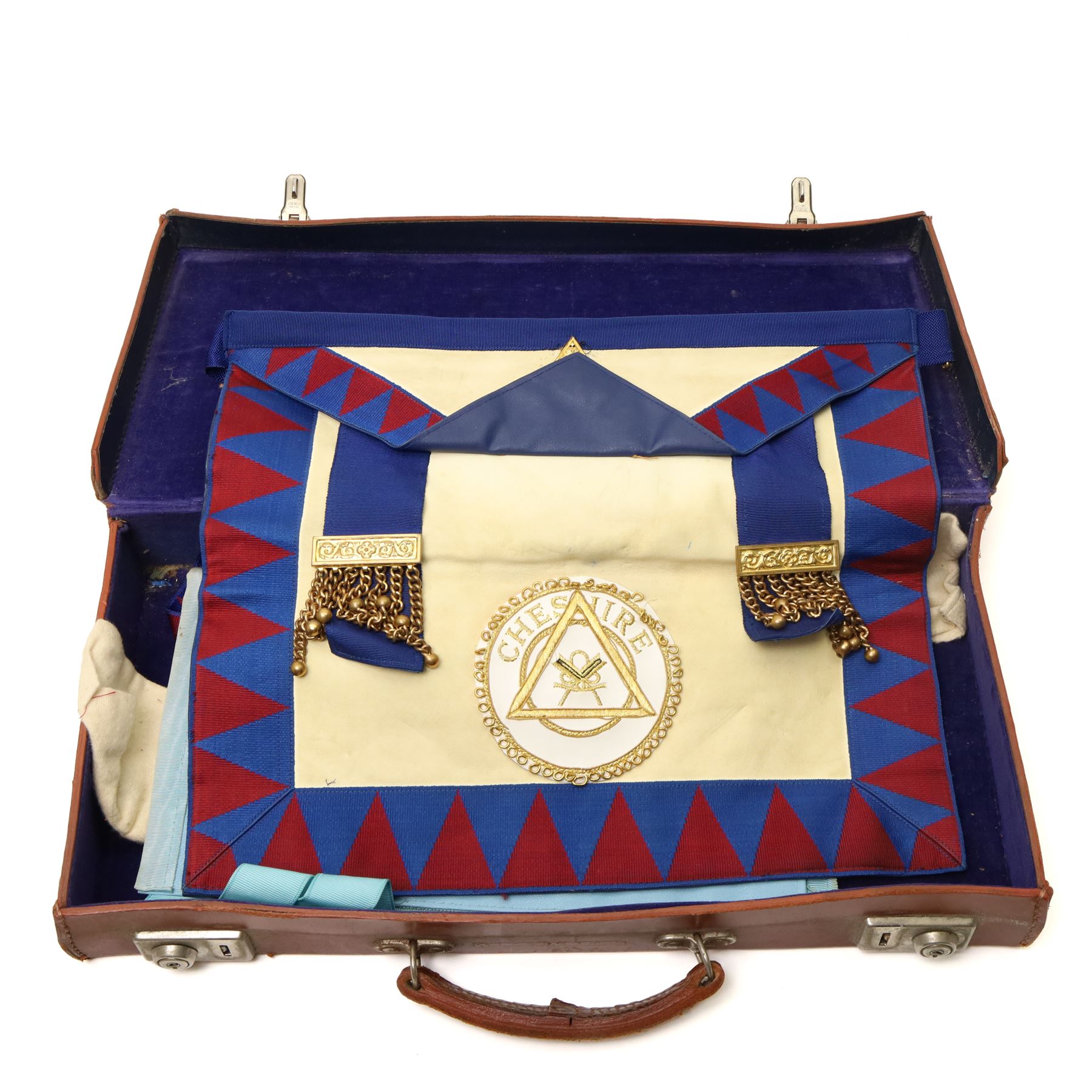 Masonic Regalia including silver gilt and enamel Past Masters jewel from the Hazel Lodge, other gilt metal jewels, leather aprons etc in case