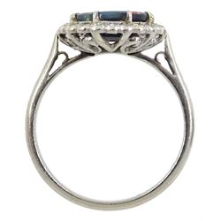 White gold and platinum milgrain set black opal and diamond cluster ring, stamped 18ct & Plat