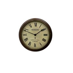 Mahogany cased wall clock dial inscribed Benson Ludgate Hill London. Quartz battery movement.