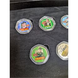 Collection of Only Fools and Horses memorabilia, including Westminster Mint limited edition fifty pence coin set, DVD box set, Corgi Reliant Regal, playing cards, framed bank notes, Griffin Cartoon of the bar scene, etc, together with a Vicar of Dibley DVD box set