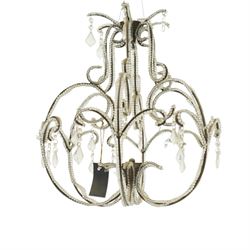 Contemporary decorative hanging chandelier frame, openwork painted metal scroll frame, with applied clear bead borders and hanging faceted glass pendants