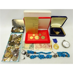  'Waltham Mass' pocket watch, Nickel case, ring stamped 'silver', heart shaped locket stamped 'sterling silver', other similar items of jewellery, ladies Sekonda '17 Jewels' wristwatch, 1985 Negara Brunei Darussalam specimen coin set, world coins and miscelanea  