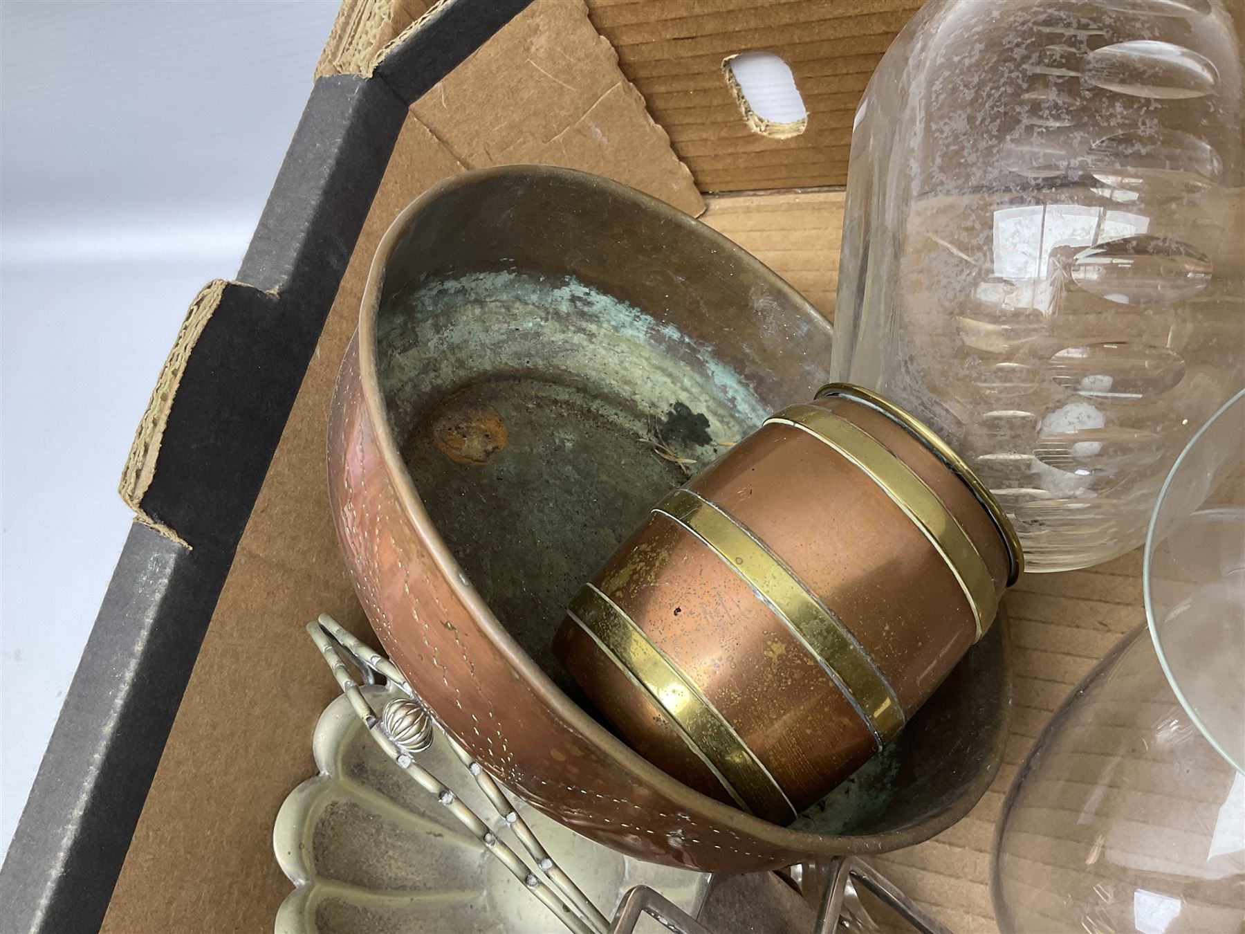 Collection of replica Cathedral carvings, together with other glass and metalware, in two boxes 