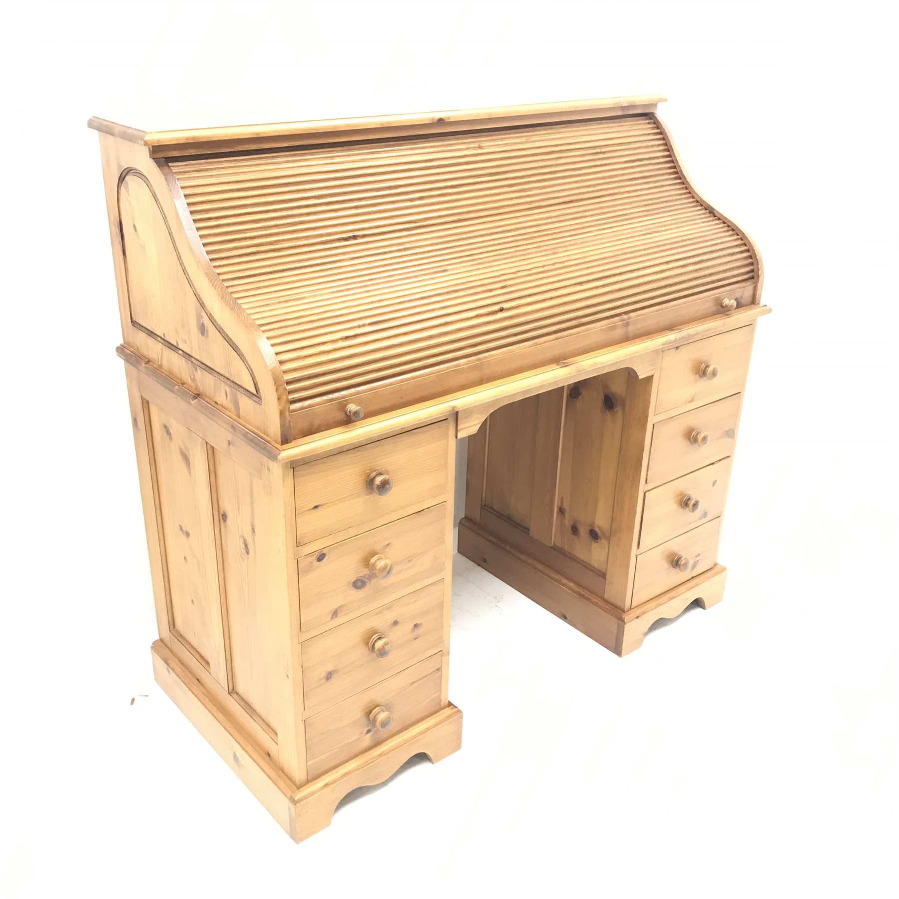 Solid pine twin pedestal shaped tambour roll top desk, fitted interior