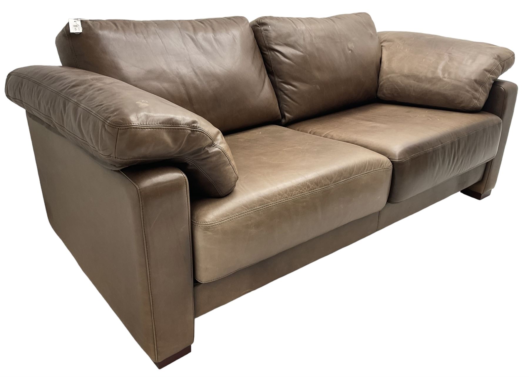 Heals - contemporary two seat 'Palermo' sofa, upholstered in chocolate brown leather, raised on wooden block feet