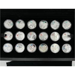The Royal Mint United Kingdom 'A Celebration of Britain' silver proof coin set, comprising eighteen five pound coins relating to the London 2012 Olympic Games, housed in display case with certificates