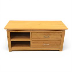 Contemporary light oak television or media unit, two drawers and two open shelves, with apertures for wires