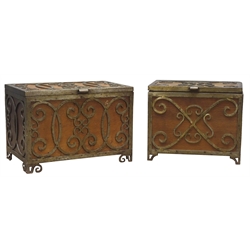  Matched pair of early 20th century brass bound oak rectangular Coal Boxes, with brass scrollwork and feet, tin liners, W48cm, H34cm, W30cm, max (2)  